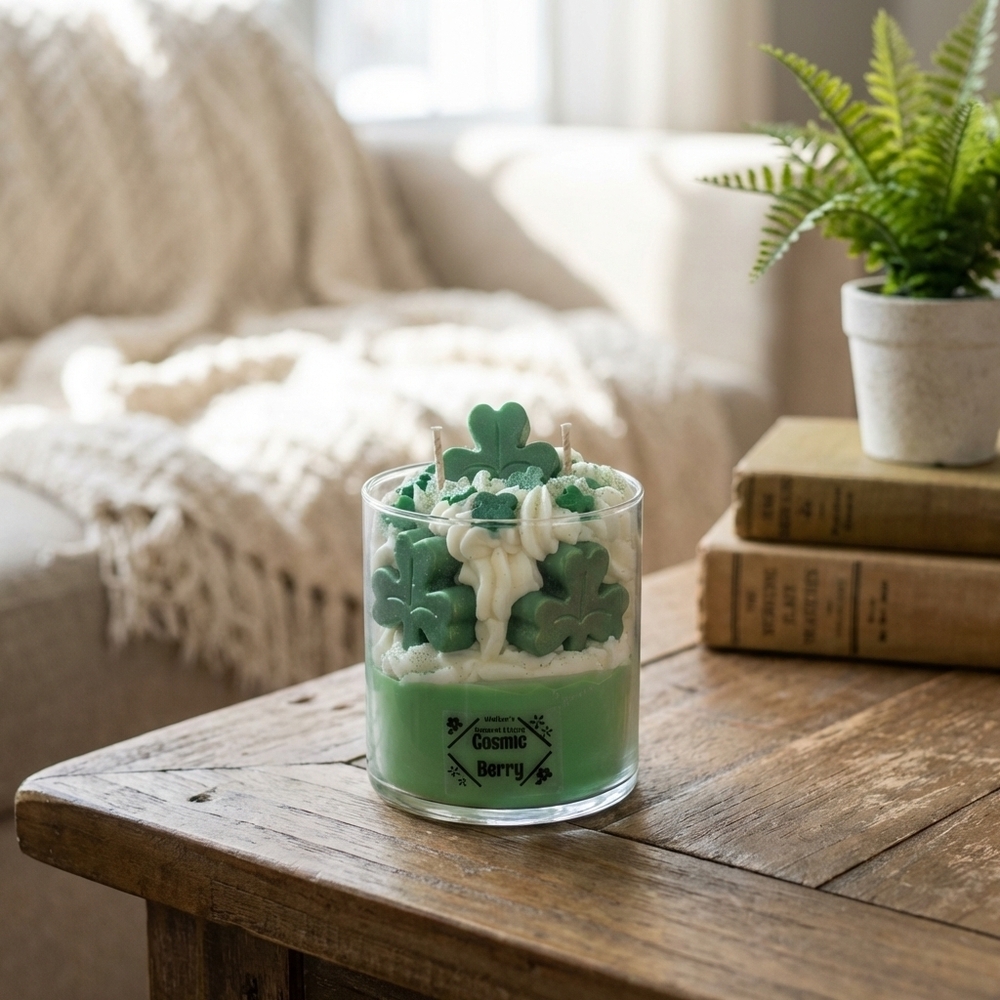 Cosmic Berry Clover Candle in Green and White